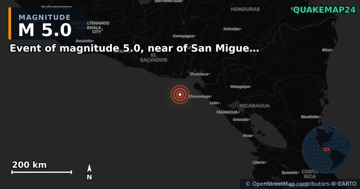 Erdbeben M5,0 bei Event of magnitude 5.0, near of San Miguel (Monde) — Karte der Lage des Epizentrums