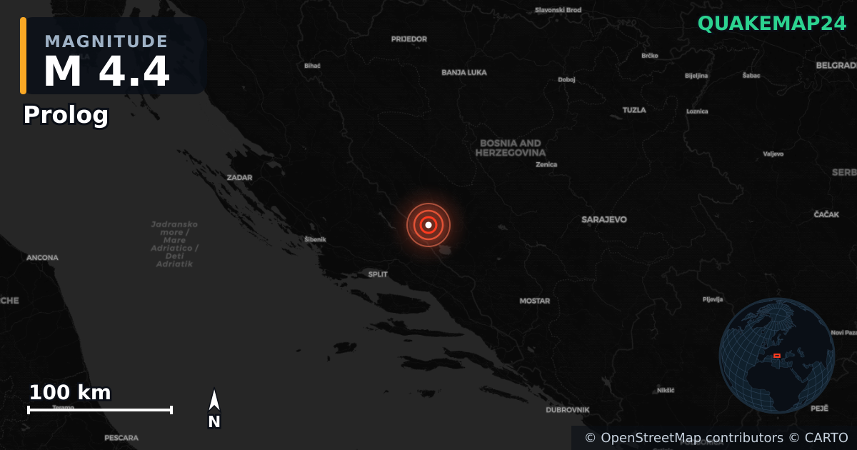M4.4 earthquake near Prolog on Feb 17, 2026 — map of epicenter and shaking intensity | QuakeMap24