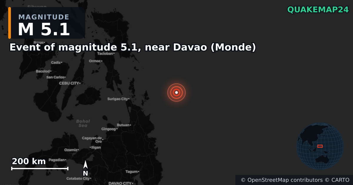 Erdbeben M5,1 bei Event of magnitude 5.1, near Davao (Monde) — Karte der Lage des Epizentrums