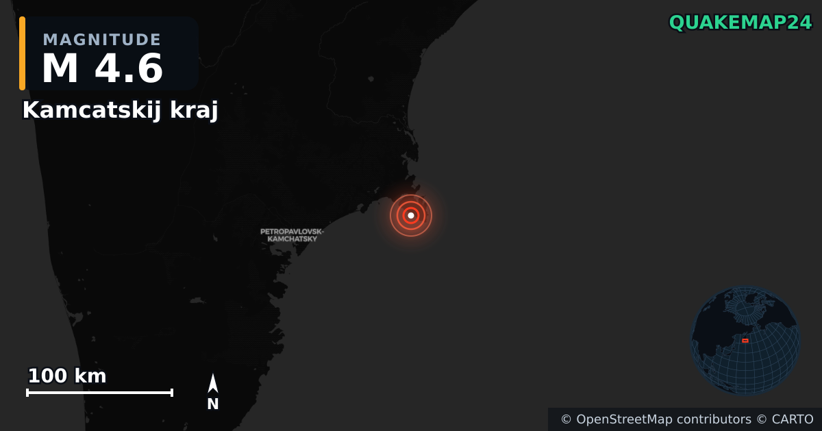 M4.6 earthquake near Kamcatskij kraj on Sep 14, 2025 — map of epicenter and shaking intensity | QuakeMap24