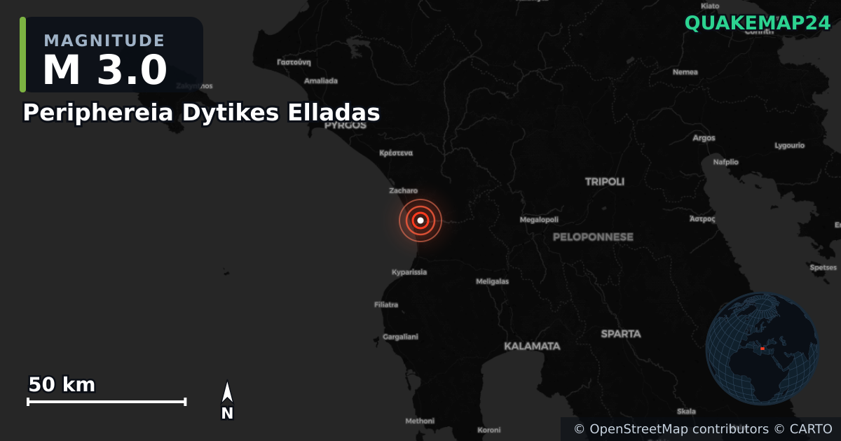 M3.0 earthquake near Periphereia Dytikes Elladas on Dec 20, 2025 — map of epicenter and shaking intensity | QuakeMap24