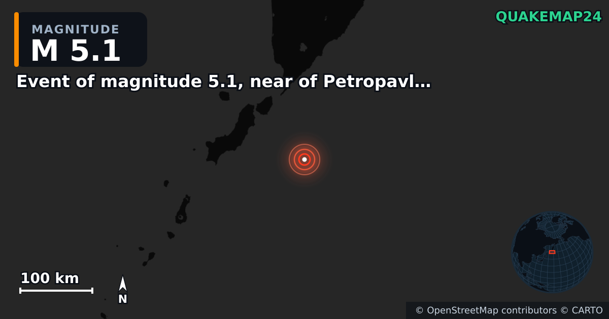M5.1 earthquake near Event of magnitude 5.1, near of Petropavlovsk Kamchatskiy (Monde) on Dec 2, 2025 — map of epicenter and shaking intensity | QuakeMap24