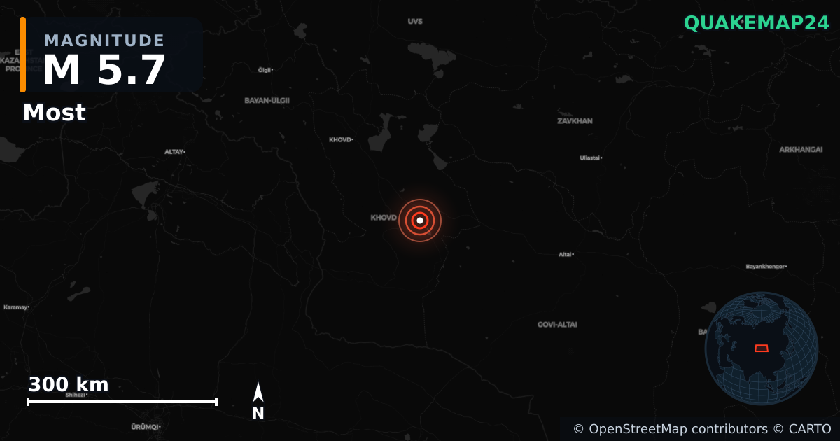 M5.7 earthquake near Most on Apr 26, 2026 — map of epicenter and shaking intensity | QuakeMap24