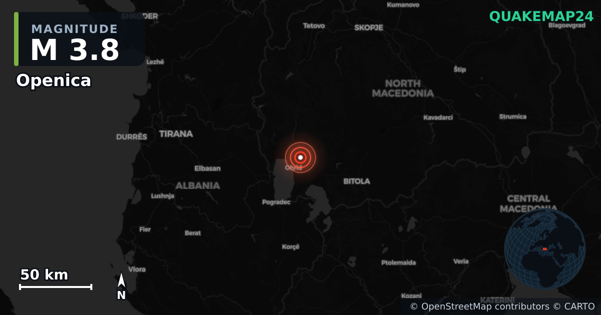 M3.8 earthquake near Openica on Jun 16, 2025 — map of epicenter and shaking intensity | QuakeMap24