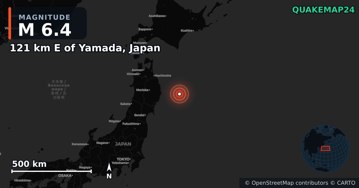 M6.4 earthquake near 121 km E of Yamada, Japan on Nov 9, 2025 — map of epicenter and shaking intensity | QuakeMap24