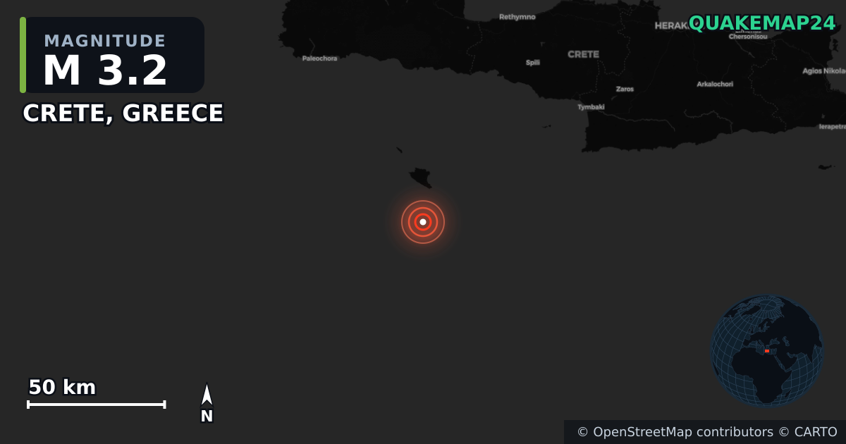 M3.2 earthquake near CRETE, GREECE on Aug 16, 2026 — map of epicenter and shaking intensity | QuakeMap24