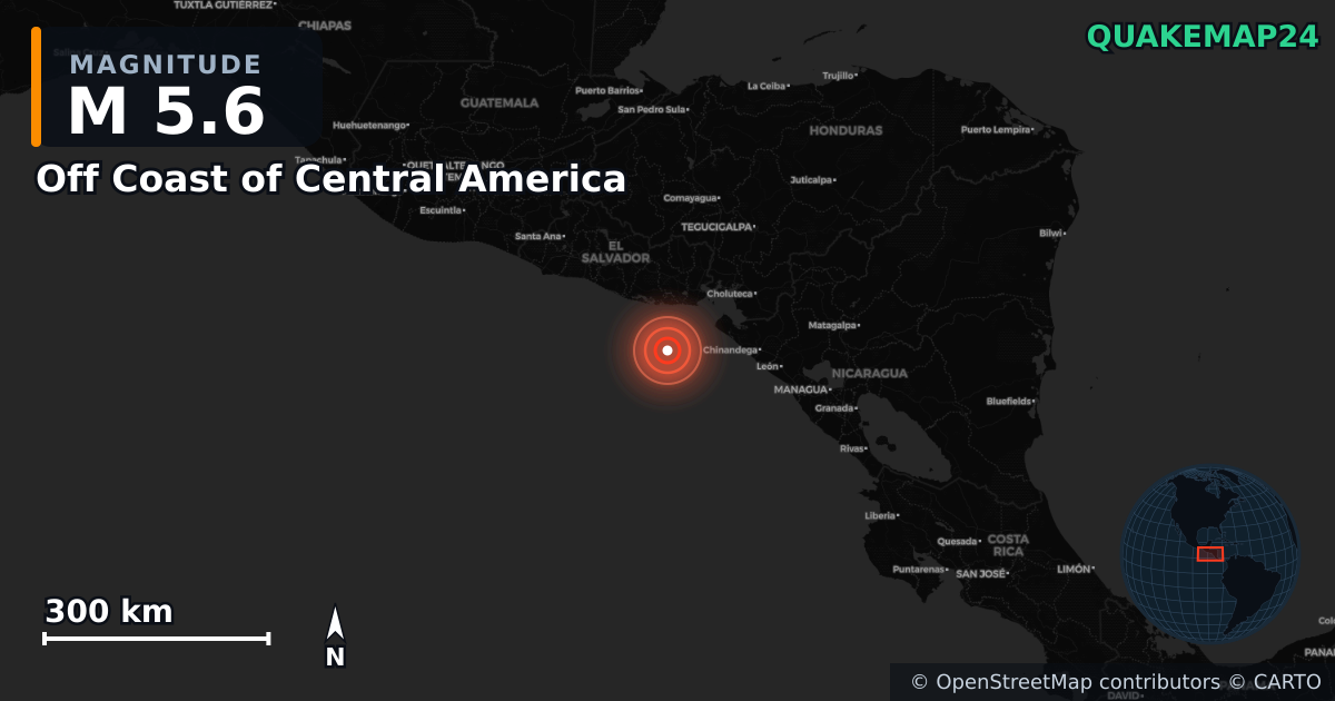 M5.6 earthquake near Off Coast of Central America on Mar 15, 2026 — map of epicenter and shaking intensity | QuakeMap24