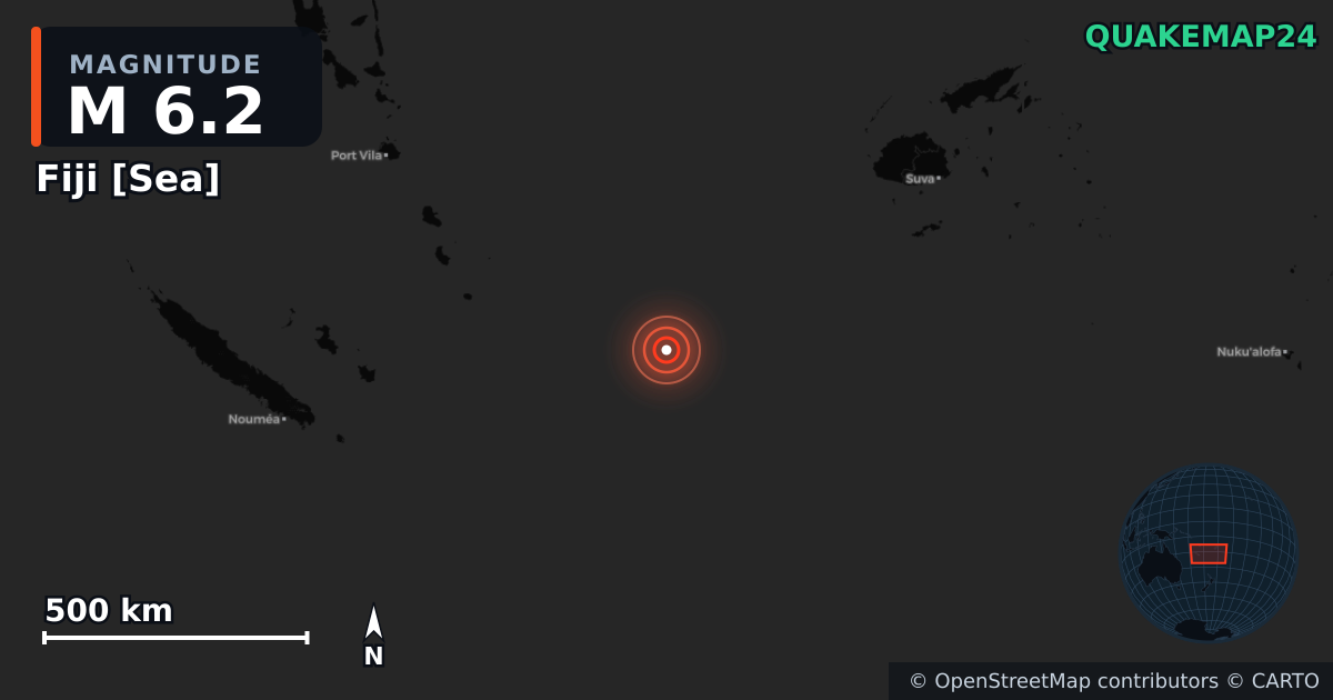 M6.2 Earthquake near Fiji [Sea] · 2025-09-08 — Map showing the location of the epicenter