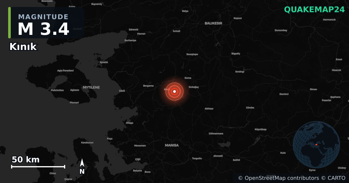 M3.4 earthquake near Kınık on Aug 27, 2025 — map of epicenter and shaking intensity | QuakeMap24