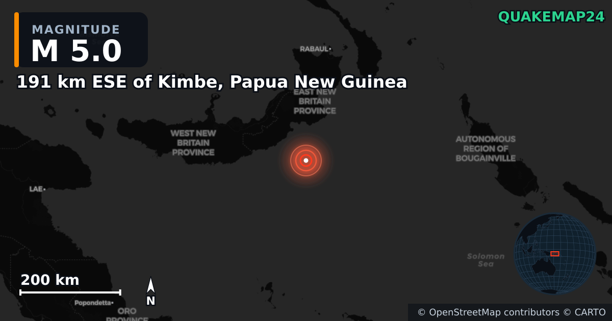 Erdbeben M5,0 bei 191 km ESE of Kimbe, Papua New Guinea · 2026-08-28 — Karte der Lage des Epizentrums