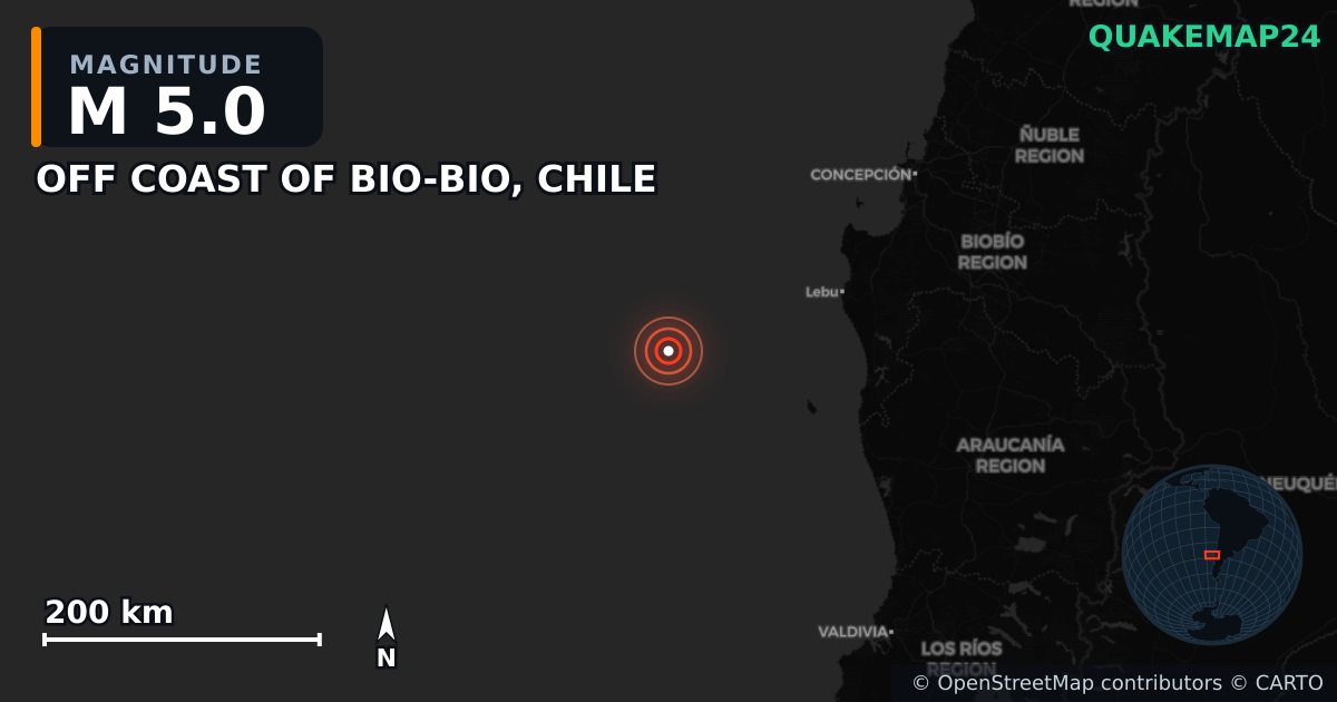 Erdbeben M5,0 bei OFF COAST OF BIO-BIO, CHILE — Karte der Lage des Epizentrums