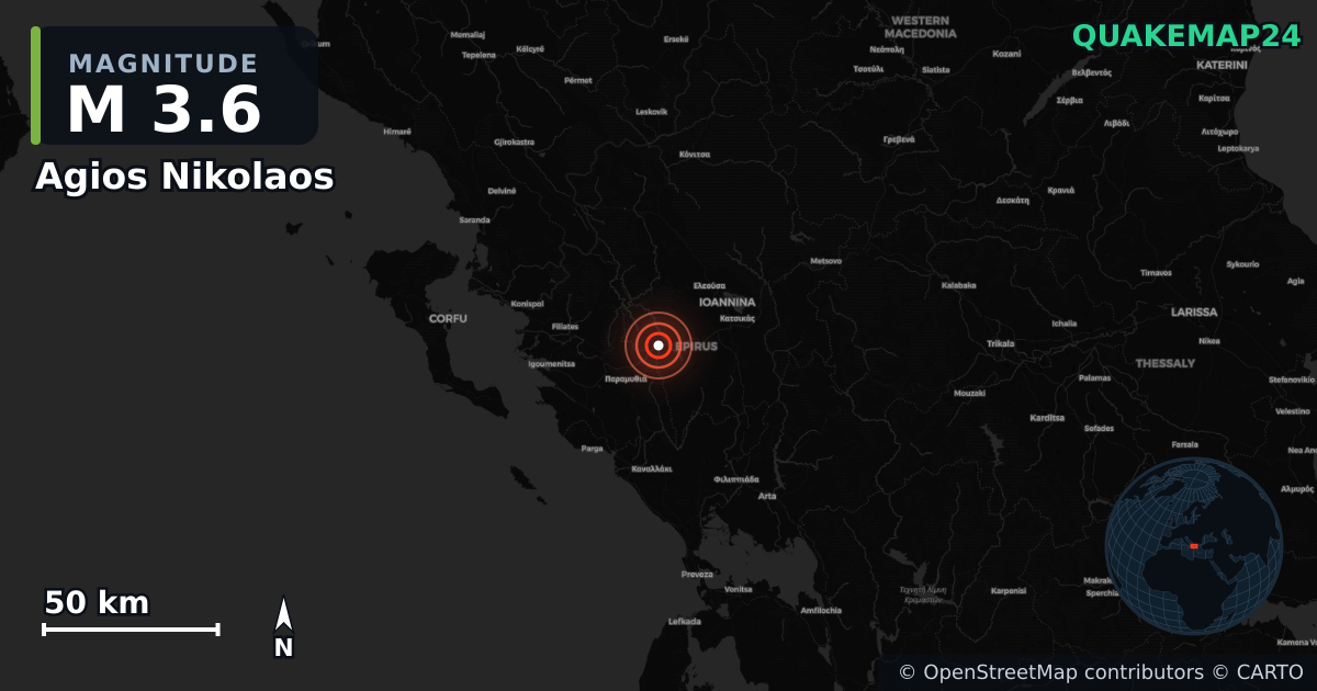 M3.6 earthquake near Agios Nikolaos on Apr 12, 2026 — map of epicenter and shaking intensity | QuakeMap24