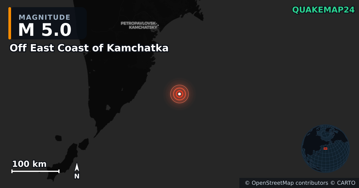 M5.0 earthquake near Off East Coast of Kamchatka on Mar 8, 2026 — map of epicenter and shaking intensity | QuakeMap24