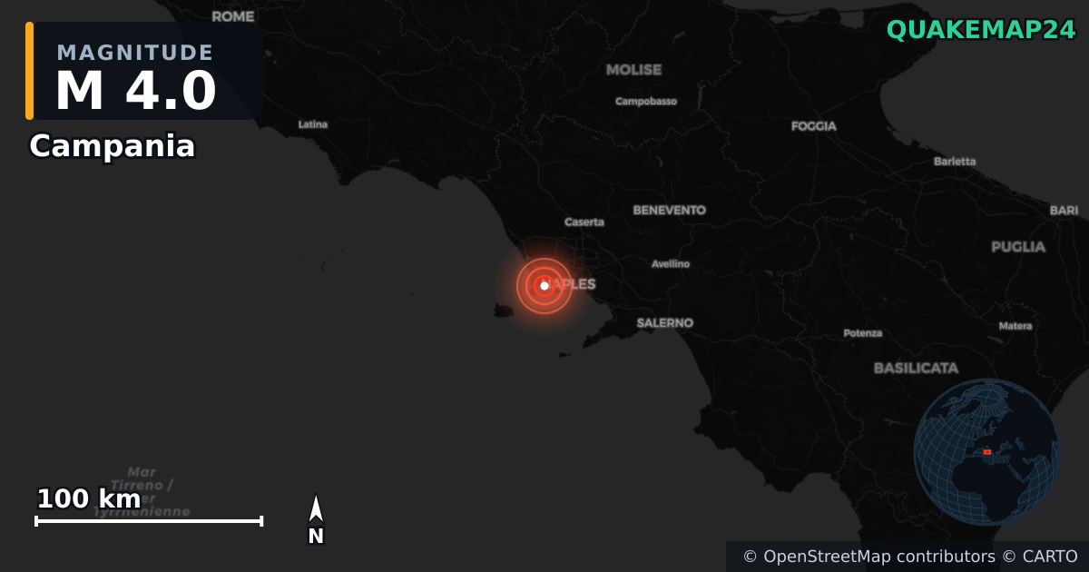 M4.0 earthquake near Campania on Sep 1, 2025 — map of epicenter and shaking intensity | QuakeMap24