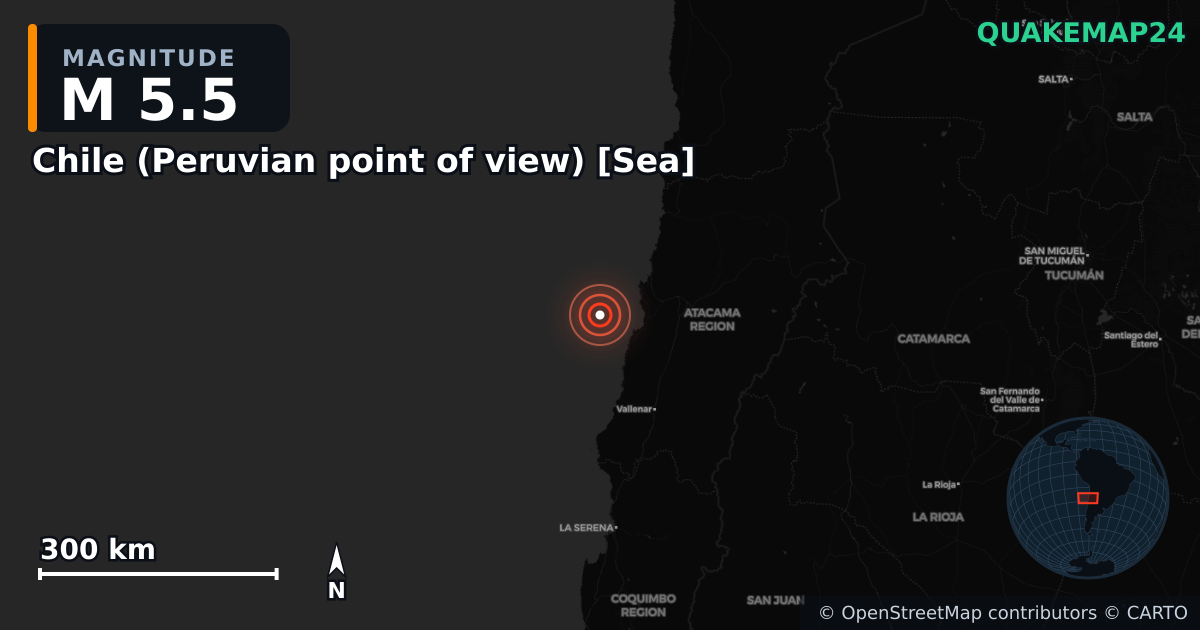 M5.5 earthquake near Chile (Peruvian point of view) [Sea] on Nov 3, 2025 — map of epicenter and shaking intensity | QuakeMap24