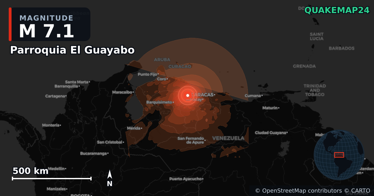 M7.1 earthquake near Parroquia El Guayabo on Jun 24, 2026 — map of epicenter and shaking intensity | QuakeMap24