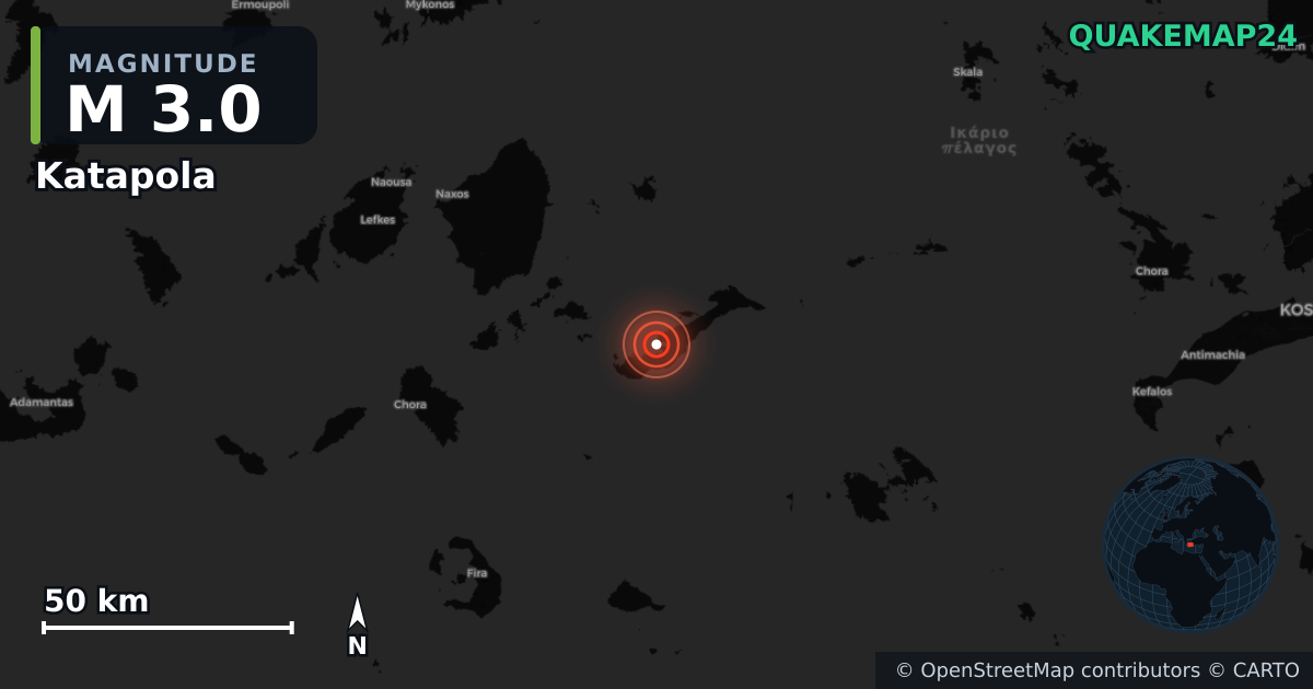 M3.0 earthquake near Katapola on Jul 5, 2026 — map of epicenter and shaking intensity | QuakeMap24