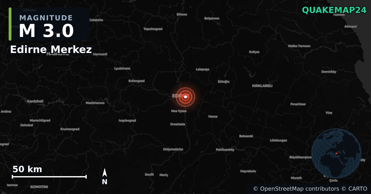 M3.0 earthquake near Edirne Merkez on Oct 26, 2025 — map of epicenter and shaking intensity | QuakeMap24