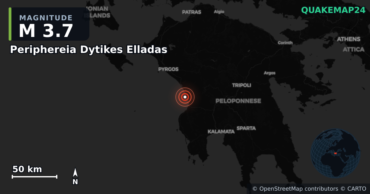 M3.7 earthquake near Periphereia Dytikes Elladas on Dec 10, 2025 — map of epicenter and shaking intensity | QuakeMap24