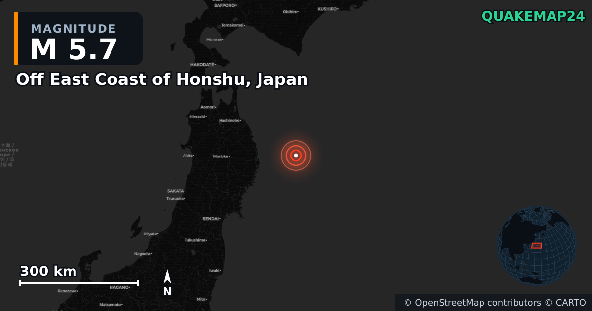M5.7 earthquake near Off East Coast of Honshu, Japan on Nov 17, 2025 — map of epicenter and shaking intensity | QuakeMap24