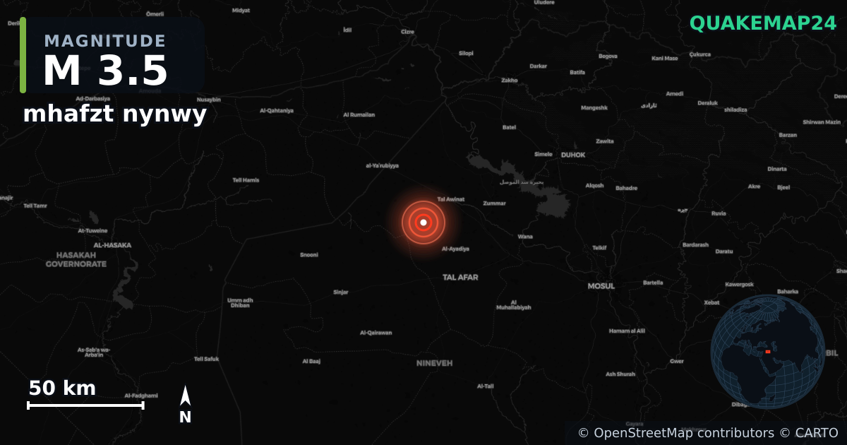 M3.5 earthquake near mhafzt nynwy on Aug 22, 2025 — map of epicenter and shaking intensity | QuakeMap24