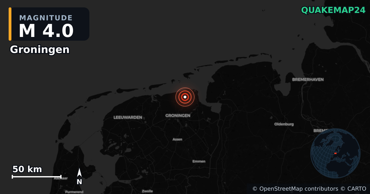 M4.0 earthquake near Groningen on Nov 14, 2025 — map of epicenter and shaking intensity | QuakeMap24