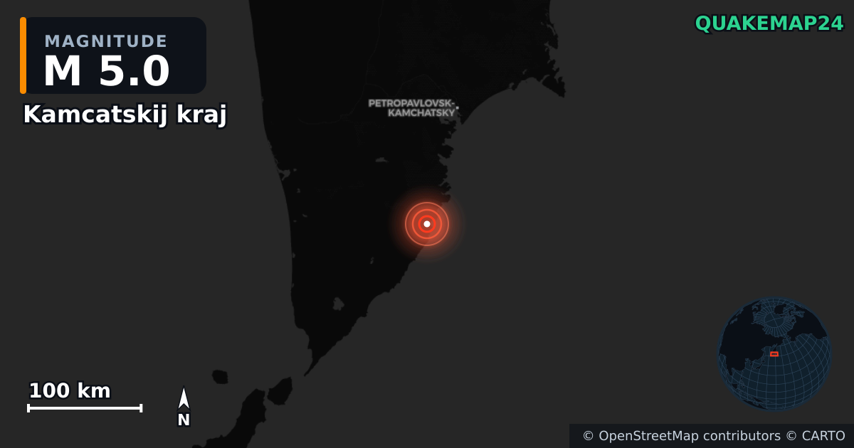 M5.0 earthquake near Kamcatskij kraj on Sep 22, 2025 — map of epicenter and shaking intensity | QuakeMap24