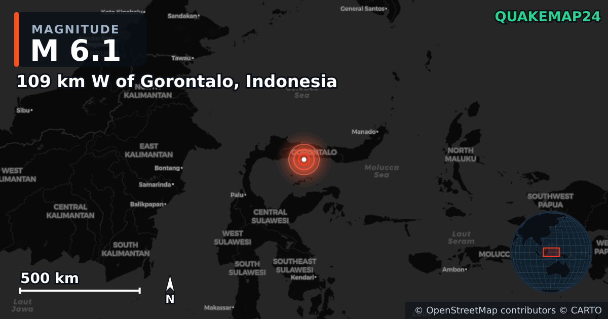 M6.1 earthquake near 109 km W of Gorontalo, Indonesia on Jul 23, 2025 — map of epicenter and shaking intensity | QuakeMap24