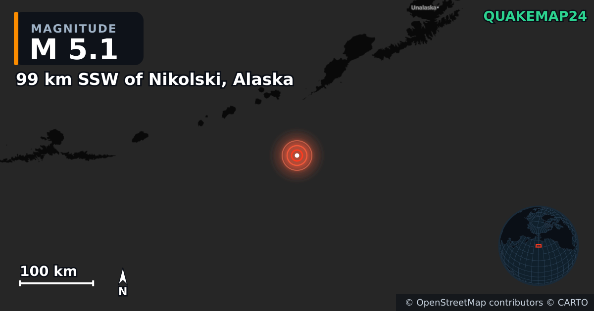 M5.1 earthquake near 99 km SSW of Nikolski, Alaska on Sep 4, 2025 — map of epicenter and shaking intensity | QuakeMap24