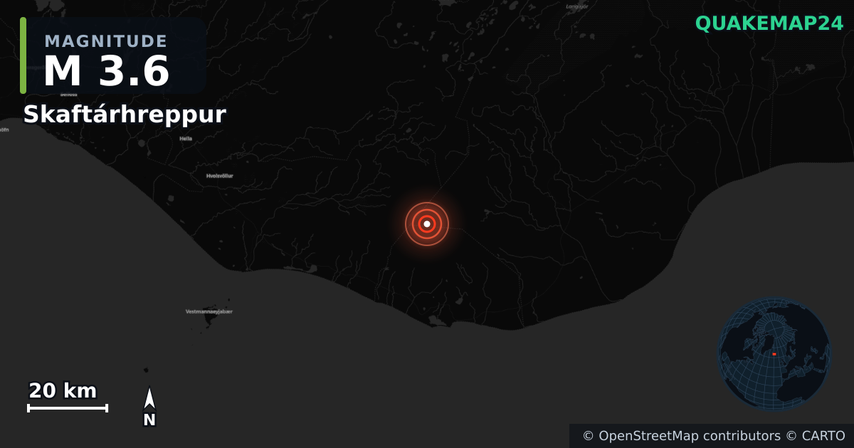 M3.6 earthquake near Skaftárhreppur on Jun 30, 2026 — map of epicenter and shaking intensity | QuakeMap24