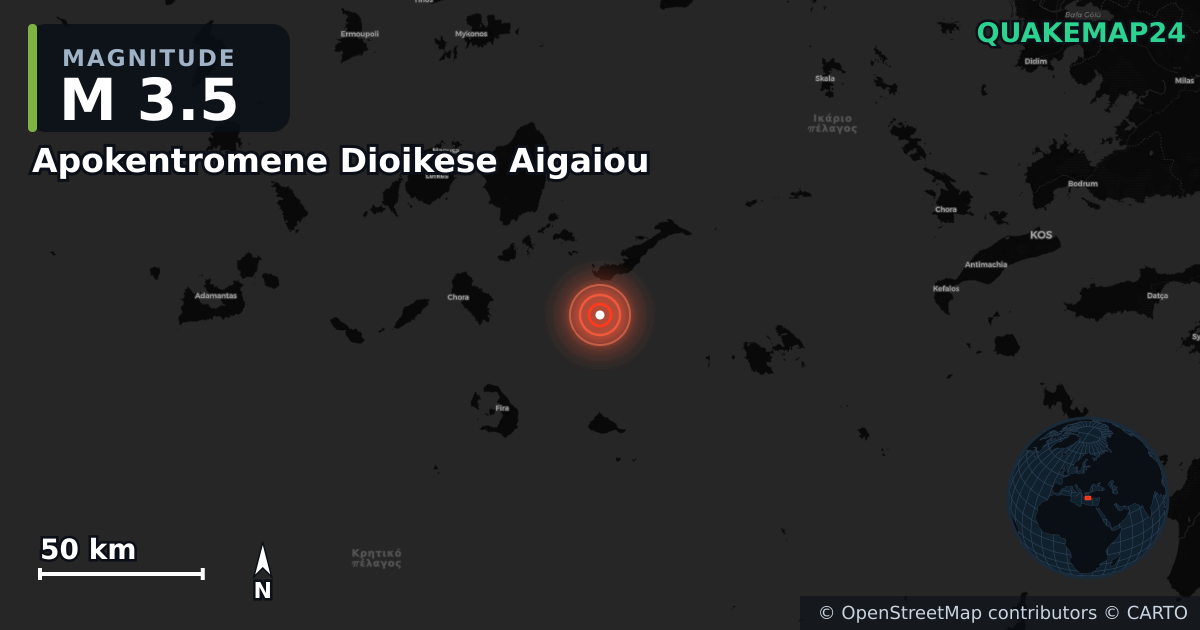 M3.5 earthquake near Apokentromene Dioikese Aigaiou on Jun 28, 2025 — map of epicenter and shaking intensity | QuakeMap24