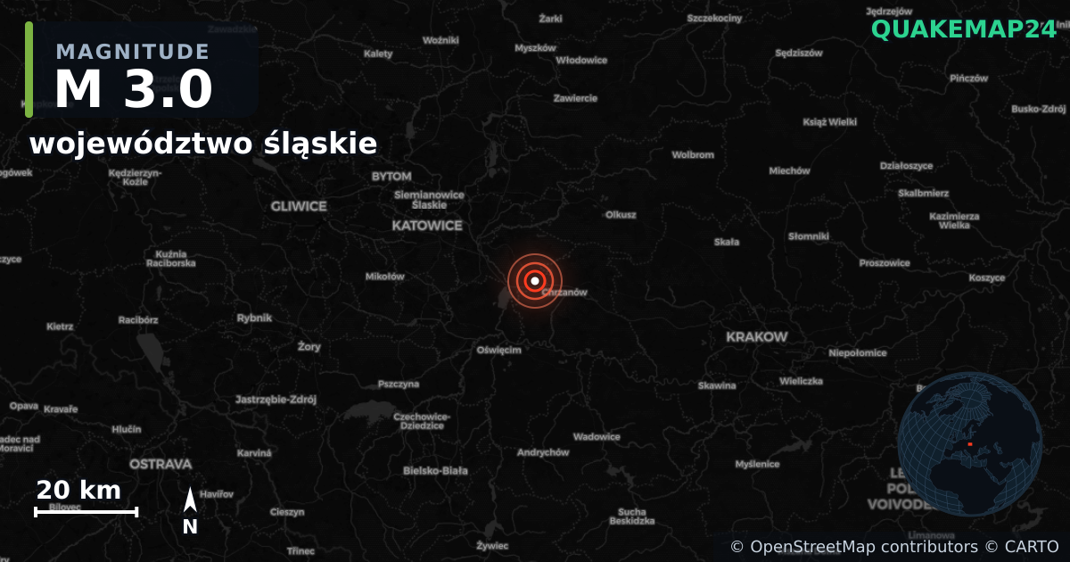 M3.0 earthquake near województwo śląskie on Aug 19, 2025 — map of epicenter and shaking intensity | QuakeMap24