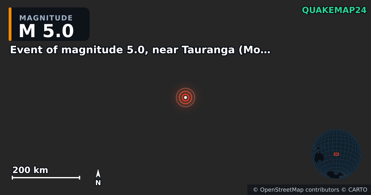 M5.0 Earthquake near Event of magnitude 5.0, near Tauranga (Monde) · 2026-07-20 — Map showing the location of the epicenter