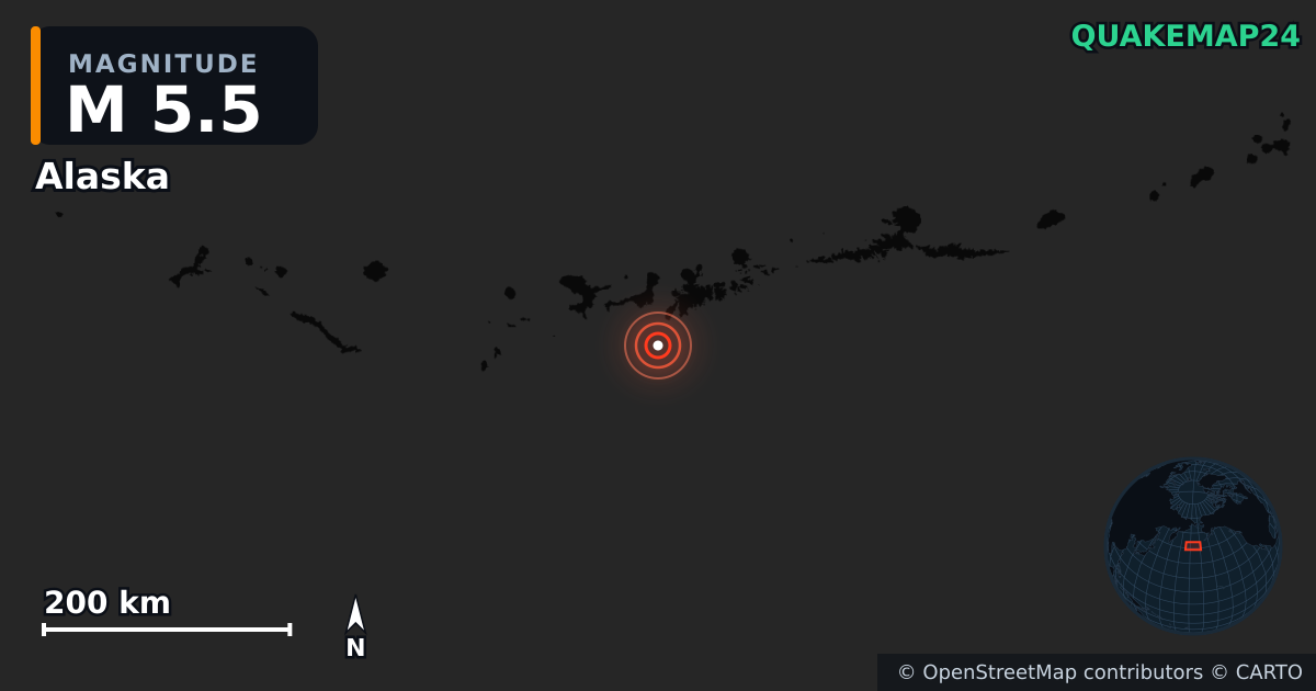 M5.5 earthquake near Alaska on Nov 23, 2025 — map of epicenter and shaking intensity | QuakeMap24
