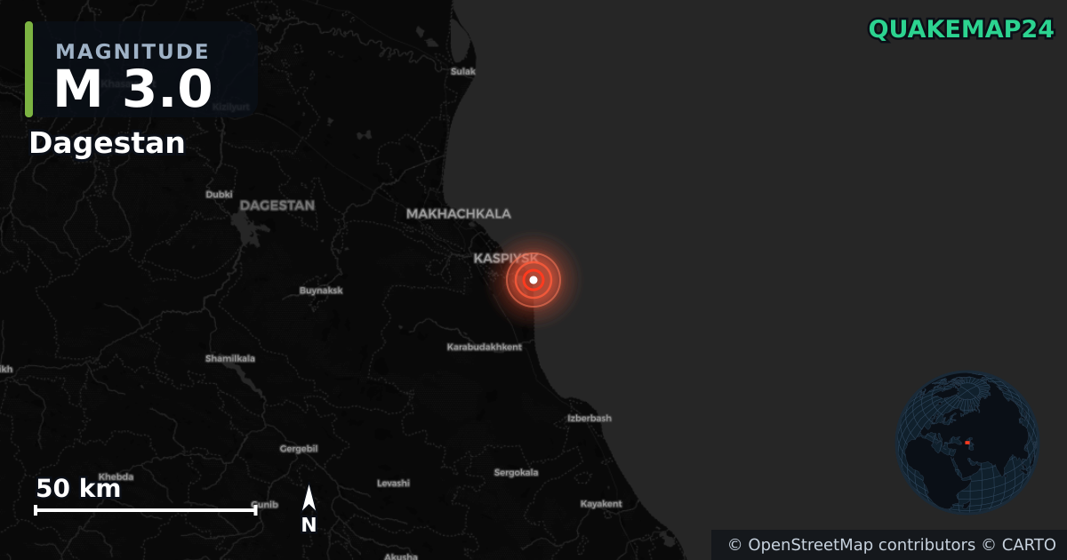 M3.0 earthquake near Dagestan on Aug 26, 2025 — map of epicenter and shaking intensity | QuakeMap24