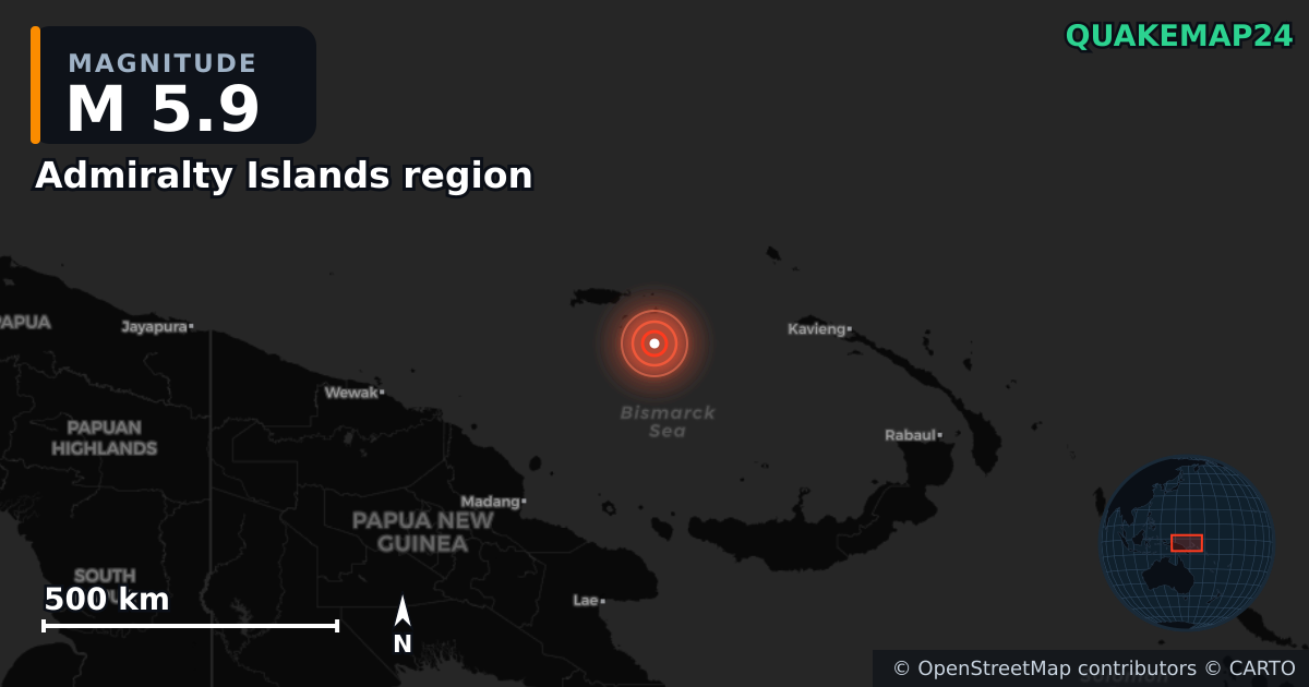 M5.9 earthquake near Admiralty Islands region on May 22, 2026 — map of epicenter and shaking intensity | QuakeMap24