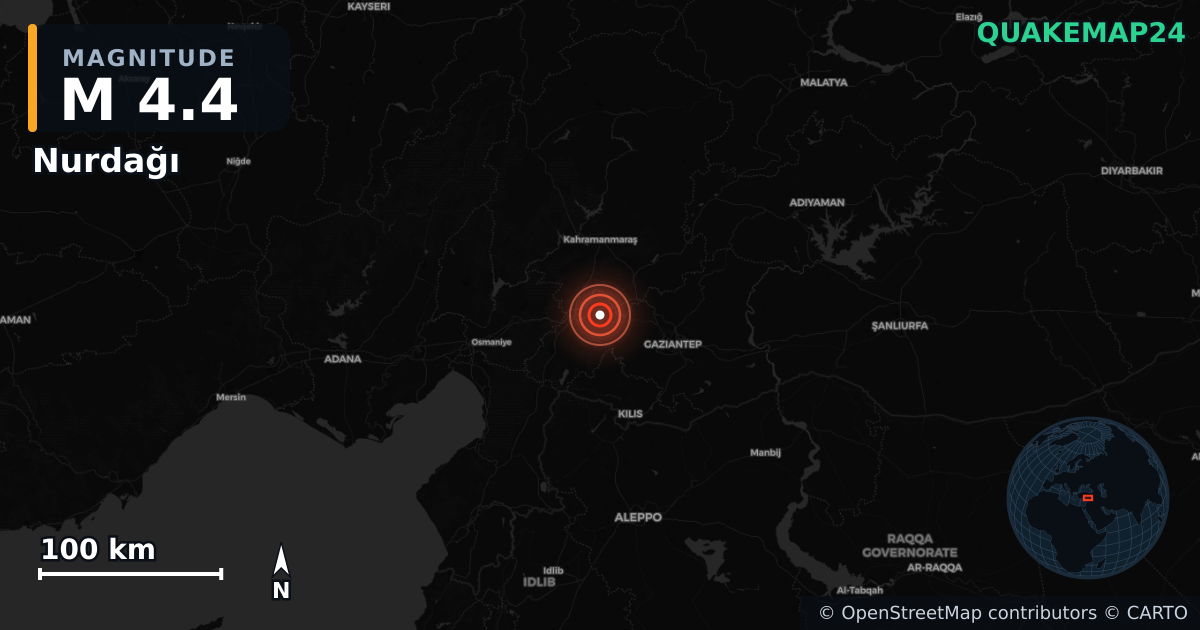 M4.4 earthquake near Nurdağı on Aug 9, 2026 — map of epicenter and shaking intensity | QuakeMap24