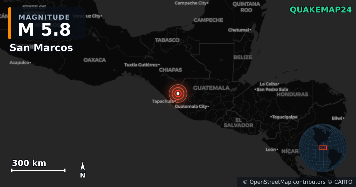 M5.8 earthquake near San Marcos on Nov 28, 2025 — map of epicenter and shaking intensity | QuakeMap24