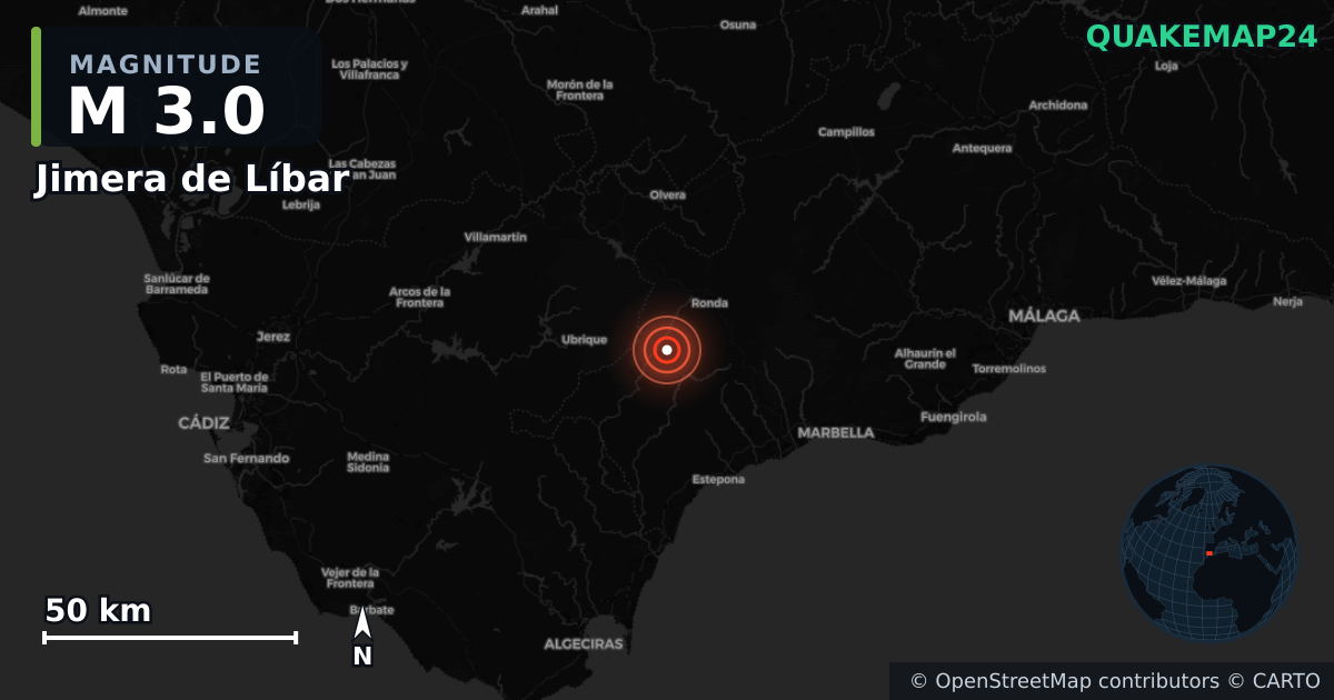 M3.0 earthquake near Jimera de Líbar on Feb 24, 2026 — map of epicenter and shaking intensity | QuakeMap24