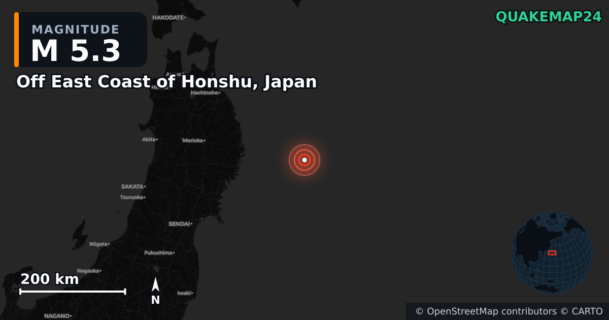 M5.3 earthquake near Off East Coast of Honshu, Japan on Nov 9, 2025 — map of epicenter and shaking intensity | QuakeMap24