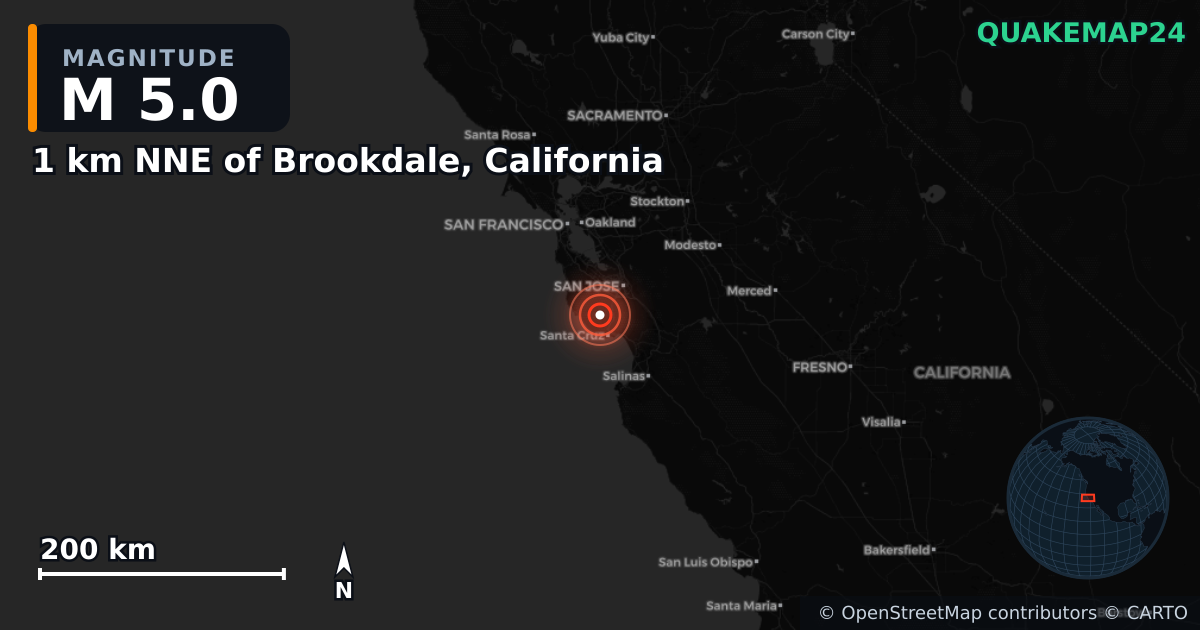 Erdbeben M5,0 bei 1 km NNE of Brookdale, California — Karte der Lage des Epizentrums
