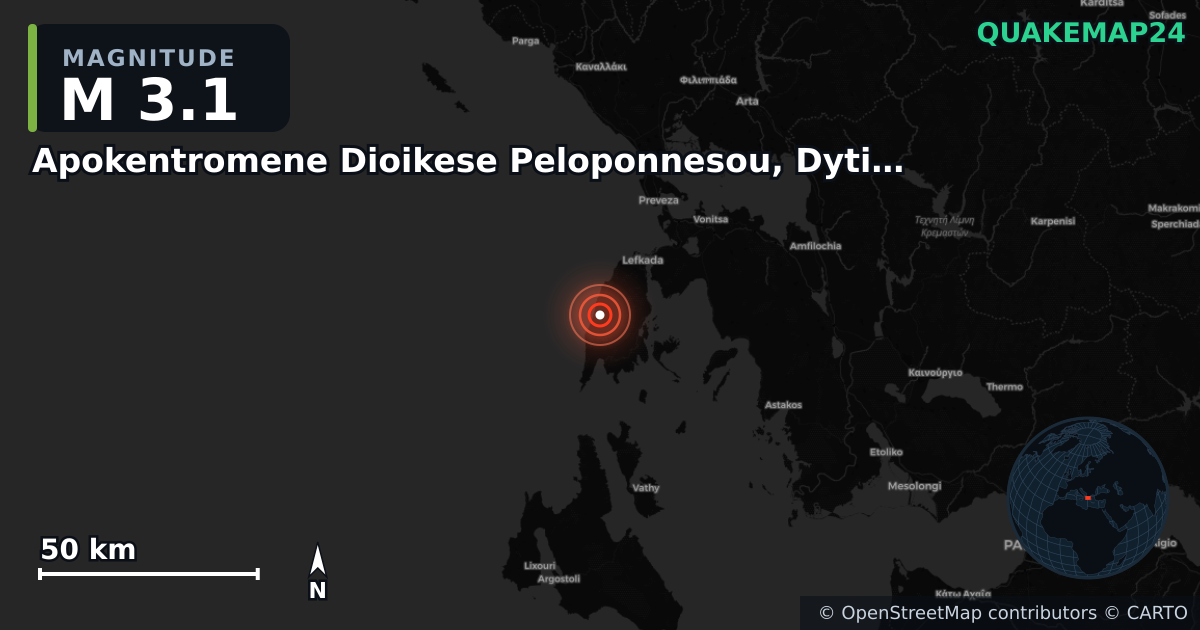 M3.1 earthquake near Apokentromene Dioikese Peloponnesou, Dytikes Elladas kai Ioniou on Jul 25, 2025 — map of epicenter and shaking intensity | QuakeMap24