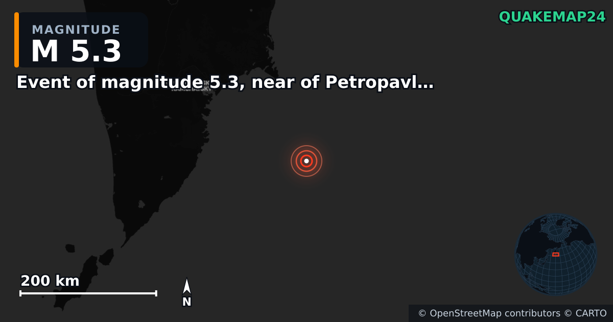 M5.3 earthquake near Event of magnitude 5.3, near of Petropavlovsk Kamchatskiy (Monde) on Sep 18, 2025 — map of epicenter and shaking intensity | QuakeMap24
