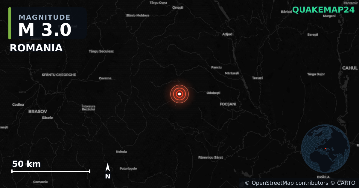 M3.0 earthquake near ROMANIA on Oct 13, 2025 — map of epicenter and shaking intensity | QuakeMap24