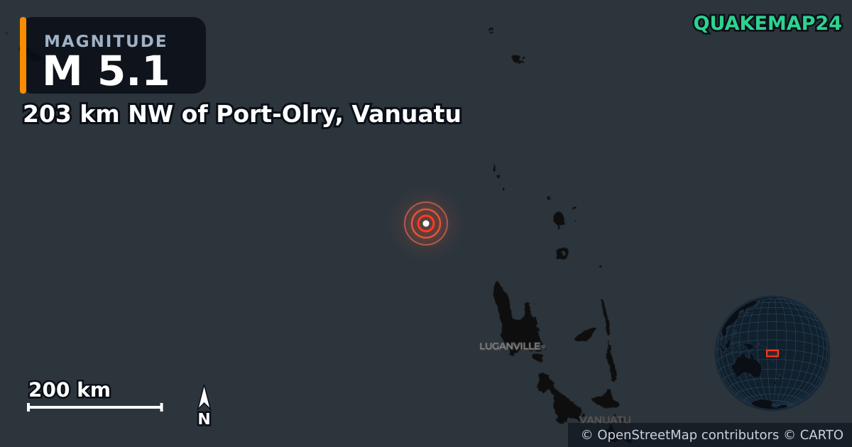 203 km NW of Port-Olry, Vanuatu yakınında M5,1 deprem · 2026-10-23 — Deprem merkez üssünün konumunu gösteren harita