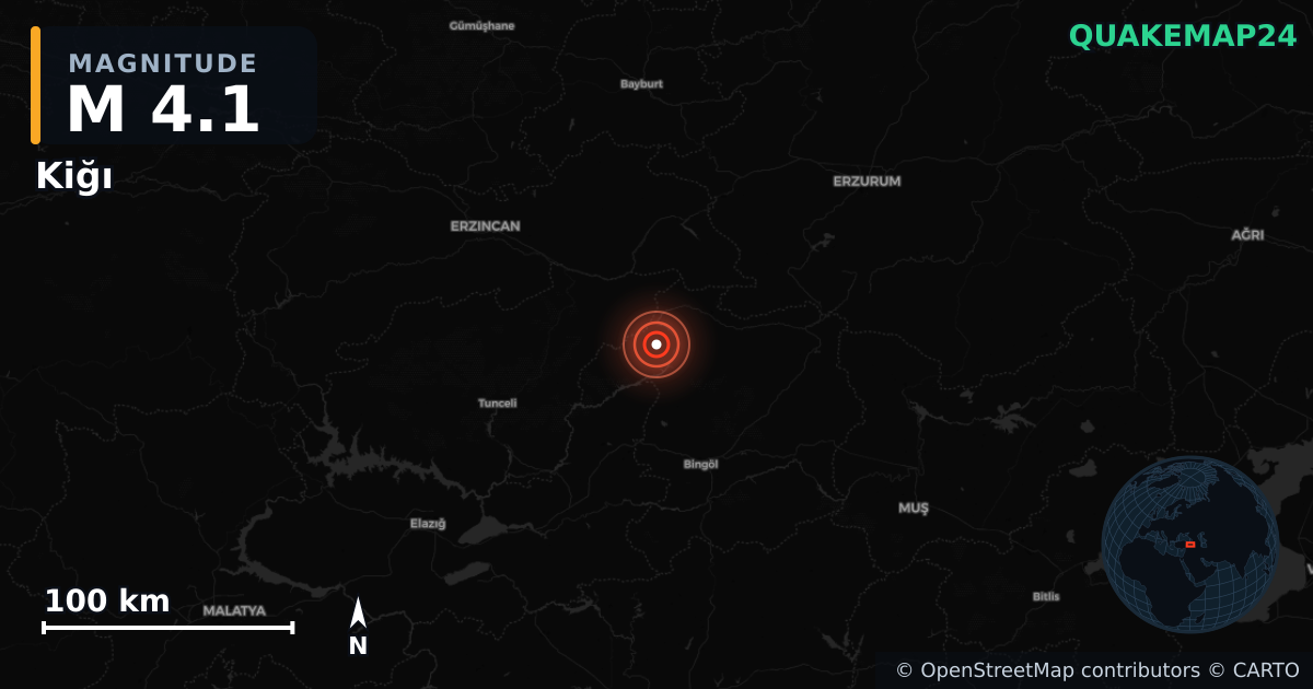 M4.1 earthquake near Kiğı on May 29, 2025 — map of epicenter and shaking intensity | QuakeMap24