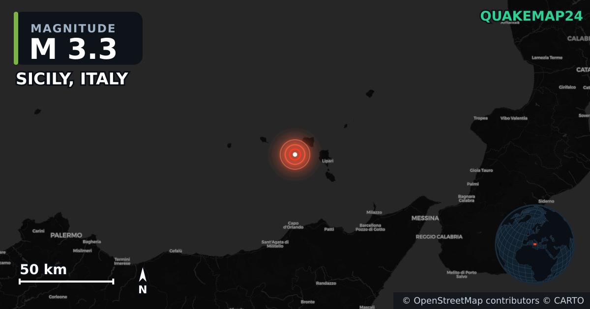 M3.3 earthquake near SICILY, ITALY on Jun 14, 2025 — map of epicenter and shaking intensity | QuakeMap24