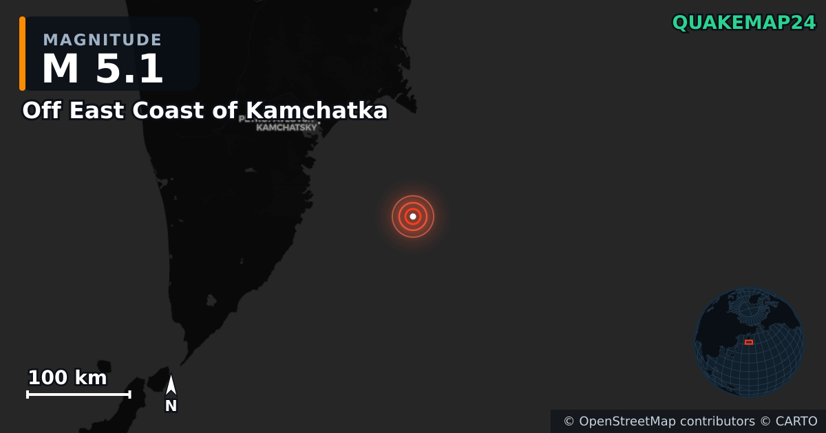 M5.1 earthquake near Off East Coast of Kamchatka on Jul 30, 2025 — map of epicenter and shaking intensity | QuakeMap24