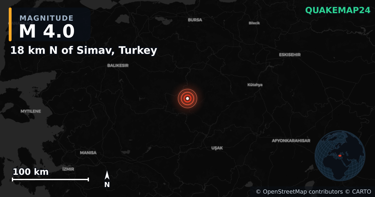 M4.0 earthquake near 18 km N of Simav, Turkey on Apr 21, 2025 — map of epicenter and shaking intensity | QuakeMap24