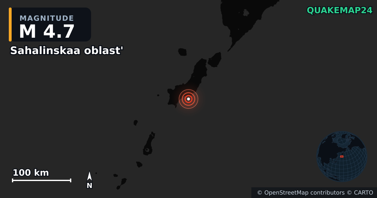 M4.7 earthquake near Sahalinskaa oblast' on Dec 7, 2025 — map of epicenter and shaking intensity | QuakeMap24